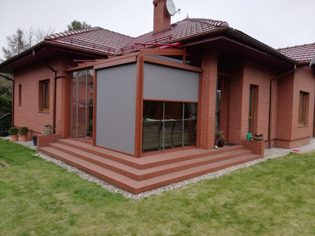 grey blinds red glass room